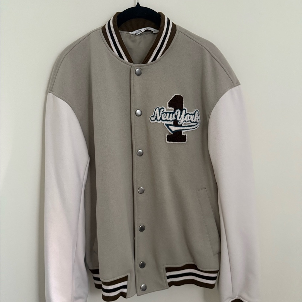 ZARA Men's Beige and White Varsity Jacket